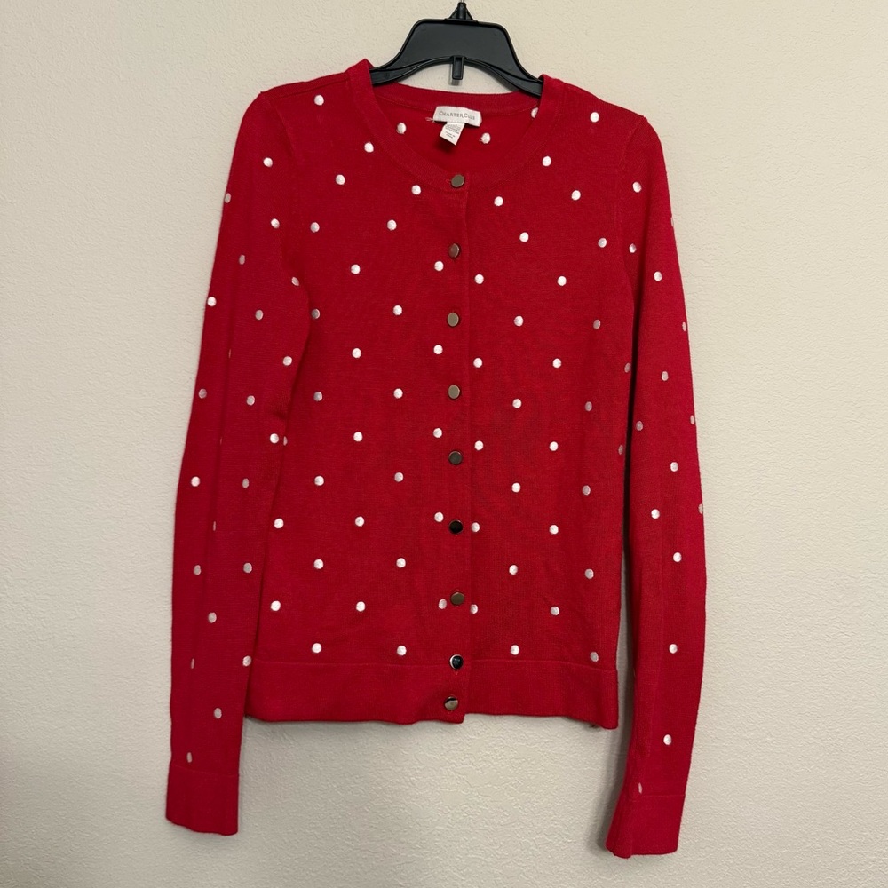 Charter Club Red and White Polka Dot Cardigan